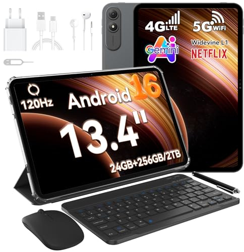 OSCAL Android Tablet 13 Inch, 120Hz, Android 16 Tablet with Keyboard, 24GB+256GB, Gaming Tablets with SIM Card Slot, Gemini AI & Doke5.0, 8300mAh (18W), Pen, 4G LTE, 5G Wifi/Widevine L1/Face ID, Grey