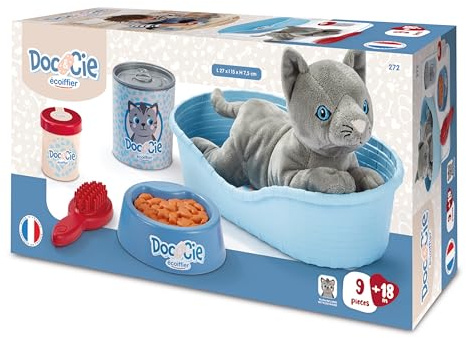 Ecoiffier Korb für Kinder, Katze mit Plüsch, Pflegezubehör, 9-teilig, Nachahmungsspiel, ab 18 Monaten, Spielzeug für Kinder, 272
