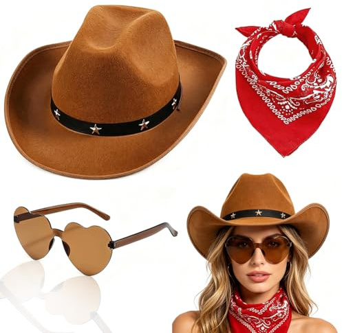CDLIZW 3PCS Cowgirl Hut Cowboyhut Damen Cowboy Set für Damen mit Sonnenbrille und Halstuch Breite Krempe Kostüm Accessoires für Halloween Karneval Cosplay