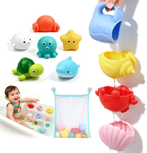 Juguetes Baño Bebe Silicona,11 Piezas Juguetes Piscina,Baño Animales Marinos, Sellados sin Agujeros y Libres de Moho, Juguetes Acuáticos Suaves para Niños Niñas 1 2 3 4 Año