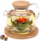 Teabloom Teekanne aus Glas mit Bambusdeckel (1200 ml), Teefilter für lose Teeblätter, 2 Teeblumen, großer Bambus-Untersetzer – Geschenkset mit natürlich blühendem Tee – zeitlose Momente