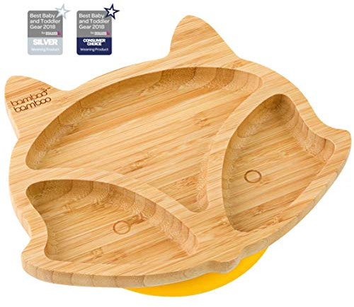 bamboo bamboo Baby Plate and Toddler Plate, Suction Plate for Feeding and Weaning, Bamboo Fox Plate with Secure Suction, Suction Plates for Babies from 6 Months (Fox, Yellow)