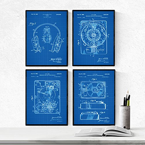 Nacnic BLAU - Pack mit 4 Poster mit Drehscheibe Patenten. Stellen Sie Plakate mit Erfindungen und Alten Patenten. Wählen Sie die Farbe, die Sie mögen.