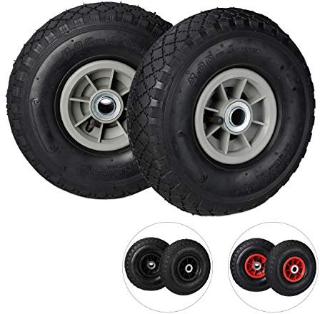 Relaxdays Sackkarrenrad 3.00-4, 2er Set Ersatzreifen, luftbereift, bis 80 kg, Kunststofffelge, 260x85 mm, schwarz-grau