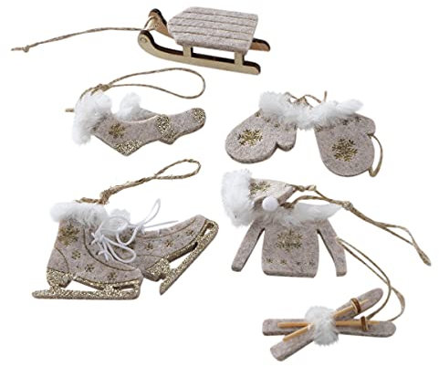 B&B 6 teiliges Set Christbaumschmuck GRAU Holz Filz Schlittschuhe Baumschmuck Ski Schlitten Nostalgie Alpen Thema Winter Ski Fahren Chirstbaumdeko Hänger Holzdeko Natur türkis Weiss …