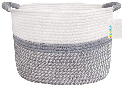 OYHOMO Faltbare Aufbewahrungskorb Groß Baumwolle Seil Geflochten Korb zur Organisation von Wäsche, Decken, Baby-Spielzeugen, Kinderzimmer, 35x25x25 cm, Weiß & Grau