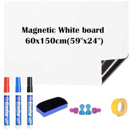 Homvik 60x150cm Magnetic Whiteboard Dry Wipe Whiteboard for Wall with Marker Reminder Board with 4 Push Pin Magnets Whiteboard Eraser Magnetic&Washi Tape - White (59x24)