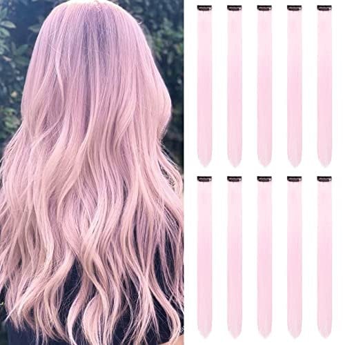 Colored Hair Extensions Clip In for Girls 22 Inch Colorful Straight Hair Extensions for Party Highlights Hair Accessories Hair Pieces for Women(10 PCS Pink)
