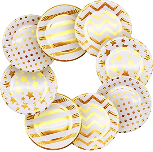 40 Piezas Platos de Papel Fiesta, Oro bianco Redondos Platos de Fiesta, 7 Inch Platos de Papel Desechables, Gold Stars Cake Platos para Fiestas de Cumpleaños Bodas Aniversarios Navidad Baby Shower
