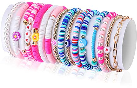 KINBOM 16 Stück Böhmische Armbänder,Bunte Adrette Heishi Armbänder Boho Perlen Stretch Armband Sommer Strandschmuck für Frauen