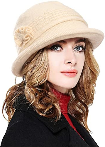 CheChury Damen Wintermütze mit Shirm Mütze Baskenmütze Beanie Barett Warm Strickmütze Winter Fleece Innerhalb Gefütterte Mütze Damen Vintage Wolle Dicke Barett Beige Blumenentwurf