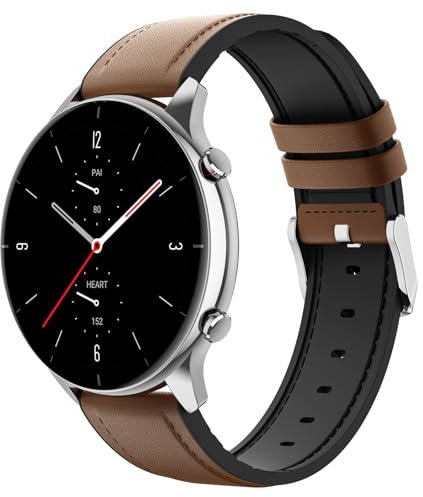 MoKo Armband Kompatibel mit Amazfit Balance/Bip 5/GTR 2/2e/3/3 Pro/4/GTR 47mm/Cheetah Round/Pro/Stratos 2/3, 22mm Hybrid Leder Silikon Ersatzarmband Uhrenarmband für Herren Damen, Braun