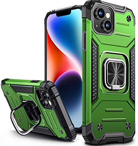 Vakoo Hülle für iPhone 14 und iPhone 13, Militär Stoßfest Handyhülle mit 360 Grad Metal Ring Halter Ständer Schutzhülle (6,1 Zoll), Grün