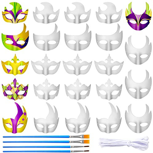 Deekin 24 Stück DIY Mardi Gras Maske mit 24 Pinseln, weiß, unlackiert, Masken, halbes Gesicht, leere Maske, Pappmaché, Maske, Weihnachten, Cosplay, Party, DIY Handwerk, Kreativität, 6 Stile