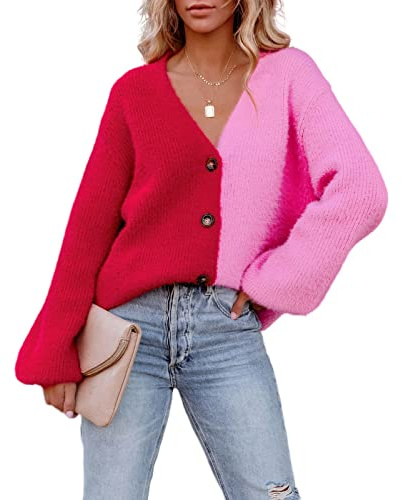HEYPORK Damen Herbst Winter Warm Bequem Jacke Casual Mode übergangsjacke Mantel Frauen Gestrickt Rosa Einreihig Patchwork Strickjacke