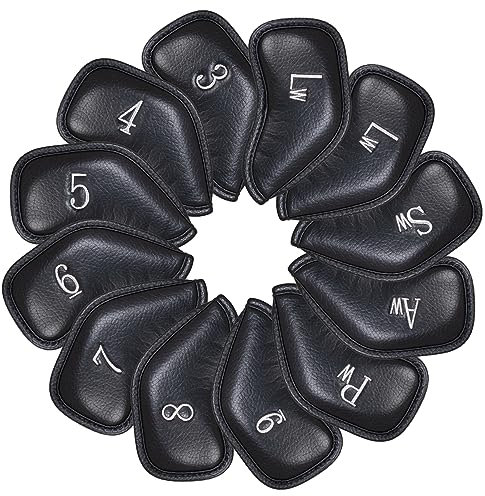 LZFAN Golf Iron Club Covers 12pcs Golf Head Covers Embroidered Leather Golf Club Covers for Irons with Number Tag for Callaway, Ping, Taylormade, Cobra, Etc.
