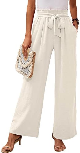 Heymoments Damen Lounge Hose mit weitem Bein und Taschen Elfenbein klein leicht hoch tailliert Verstellbarer Krawattenknoten locker Bequeme Freizeithose
