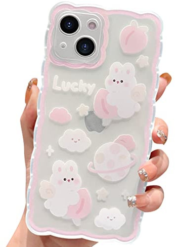 HZLFCZL Compatible with iPhone 13 Case Cute Cartoon Planet Rabbit Pattern Design Women Girls Aesthetic Kawaii Slim Soft TPU Transparent Cover for iPhone 13-Light Pink