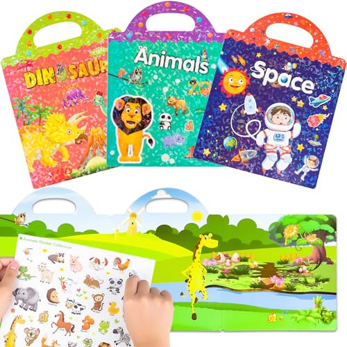 TYFYH 3 Pack Wiederverwendbare wasserdichte Stickerbuch, Stickerbuch ab 2 Jahre, Spielzeuge für Kinder, Kleinkinder Sticker von Tieren, Weltraum, Dinosauriern, Stickerheft für Junge Mädchen