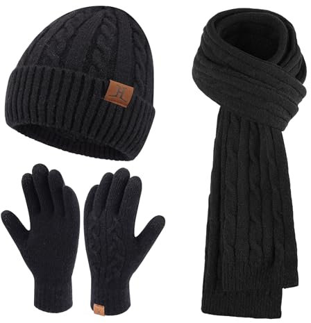 ZASFOU Damen Winter Mütze Schal Touchscreen Handschuhe Set Thermo Strickmütze Beanie Wintermütze Schals Winterschal Winterhandschuhe Geschenk für Frauen