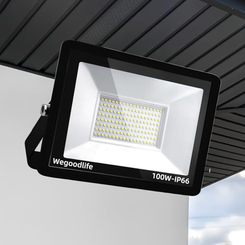 Wegoodlife Projecteur LED Extérieur 100W, Super Lumineux 8140LM Spot Extérieur, 144 LEDs, 3000K Blanc Chaud, IP66 Étanche, Éclairage de Sécurité pour Garage, Cour, Allée, Atelier, Couloir, Sans Prise