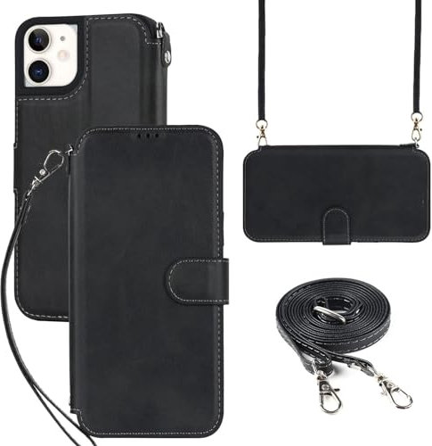 ELTEKER Hülle für iPhone 12/12 Pro Klapphülle,Handyhülle iPhone 12/12 Pro mit Umhängeband und Kartenfach,Perfekt Schutz Case mit Ständer Handytasche Lederhülle,Schwarz