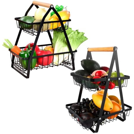 FWEEK 2 Stöckig Obst Etagere, Etagen Obstkorb mit Tragegriff, Metall Etagere Obst Obstkorb Etagere für Obst, Brot, Gemüse und Snacks, Schwarz, Zufälliger Stil
