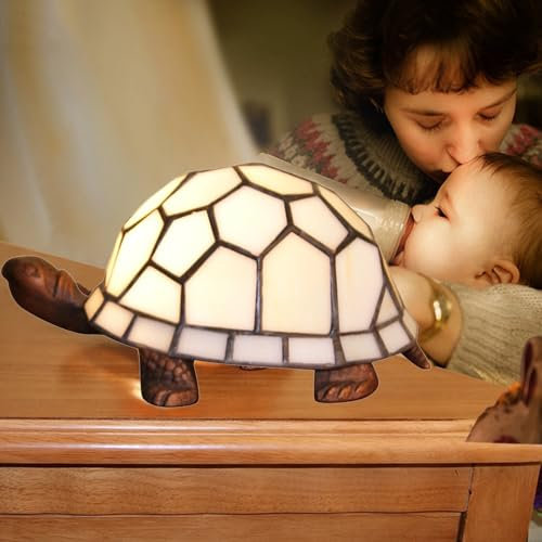 BOTOWI Kinder-Nachtlicht, Schildkröten-/Schildkröten-Lampe, Nachttischlampe, Tiffany-Stil-Buntglas-Akzent-Schreibtischlampe, Kindergeschenke, E27,Weiß
