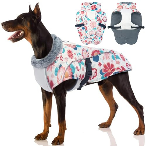 Hundejacke Wasserdicht, Hundemantel Fleece Gefüttert Warme Hundeweste Winterjacke Hunde Bekleidung Winddichter mit Reflexstreifen für Winter(Blumen, L)