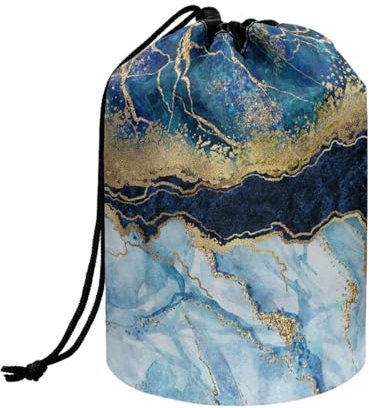 chaqlin Marble Texture Travel Cosmetic Bags Barrel Makeup Bag for Women Large Portable Toiletry Bag Travel Bucket Bags Round Organizer Storage Pocket Soft Collapsible