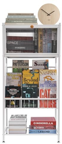 Bücherregal Mit Rollen Weiß, 120cm Hoch Bücherregal Kohlenstoffstahl, Standregal Mit 3-Lagige Regale Und 1 Fächern, Zeitungsständer Aufbewahrungsregal (55x28x120cm)