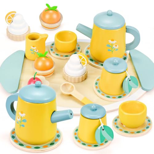 Hayoom Wooden Tea Set for Toddlers, Tea Party Set with Play Food Dessert for Children , Pretend Role Play Toys for 3 4 5 6 7 8 Years Old Girls Boys