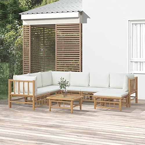 BAZZI Salon de jardin en bambou - 8 pièces - Pour extérieur, balcon, salon - Modulaire - Avec coussins - Crème - Salon de jardin en bambou (3 coins + 3 parties centrales + repose-pieds + table)