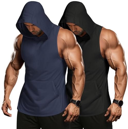 COOFANDY Workout Tank Tops Herren Fitness Shirts Muskelshirts Gym Bodybuilding Shirts Sport Fitness Muskel Shirt Unterhemden Kapuzenpullover Schwarz/Marineblau(2 Stück) M