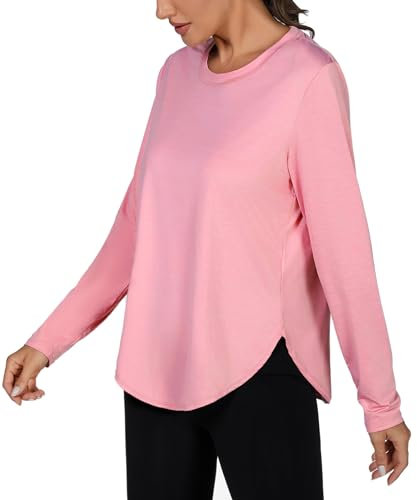 Terecey Damen Sport Langarmshirt Sommer UPF 50+ Sportshirt Atmungsaktiv Longsleeve Sonnenschutz Shirt Schnelltrocknend Locker Funktionsshirt für Fitness Yoga Training Rosa-M