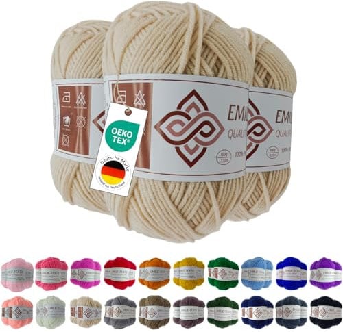 Emilie-Textil Premium Polyacryl-Garn 3X100g 20 Farben OEKO-TEX zertifiziert für Babys/Allergiker, Garn zum häckeln und stricken (3, Wolle Natur)