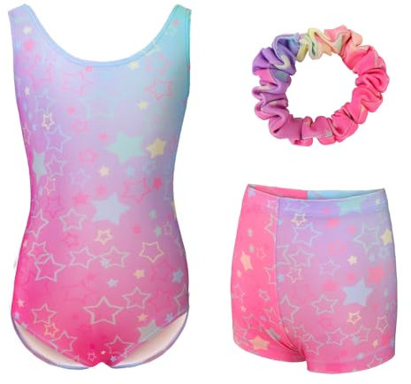 zffriction Mädchen Turnanzug Ärmellos Kinder Gymnastikanzug mit Shorts und Haarband Set Gymnastik Ballett Trikot für 5-12 Jahre (Bunte Sterne, 110)