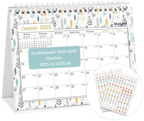 MOKANI Tischkalender 2025-2026, Kleiner Monatskalender 2026 von Januar 2025 bis Juni 2026, 18 Monate Schuljahr Flip-Tischkalender mit 234 Aufklebern - 20x15cm