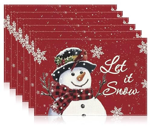 NVGVUP 6 Pcs Set de Table Noel en Lin, Sets de Table de Noël Bonhomme de Neige, Set de Table Lavable Rouge, sous Assiette de Table Noel pour Décoration de Cuisine Home(45.3 x 29.8 cm)