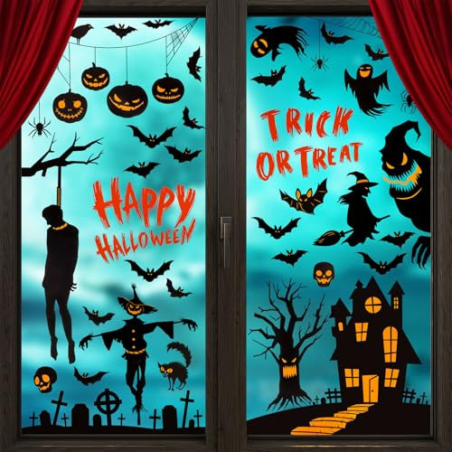 Maxtachi Pegatinas de Ventana de Halloween - 9 Hojas 87 Piezas Terror Decoración Reutilizable, PVC Doble Cara Calabaza Fantasma Murciélago para Cristal