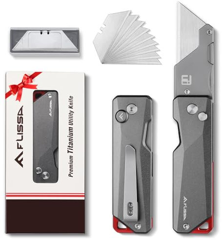 FLISSA Cutter Utilitaire en Titane, Corps Monobloc CNC, Cutter Professionnel Pliable Léger avec Manche en Aluminium et 10 Lames, Changement Rapide de Lame, Idéal pour la Coupe du Cuir, PVC et Papier