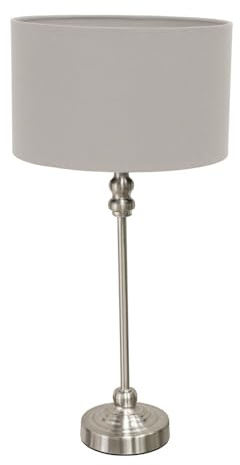 ValueLights | Brushed Chrome Metal Candlestick Table Lamp with Grey Fabric Drum Shade Bedside Light | Table Lamps, Home Décor & Improvement Essential | Included LED Bulb