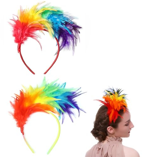 ZABARE 2 Stück Regenbogen Feder Haarreif,Bunte Feder Stirnband Haarschmuck Haarbänder,Papagei Haarband,Kopfbedeckung Kopfschmuck,Regenbogen Kostüm Damen für Karneval Cosplay Hochzeit Halloween Party