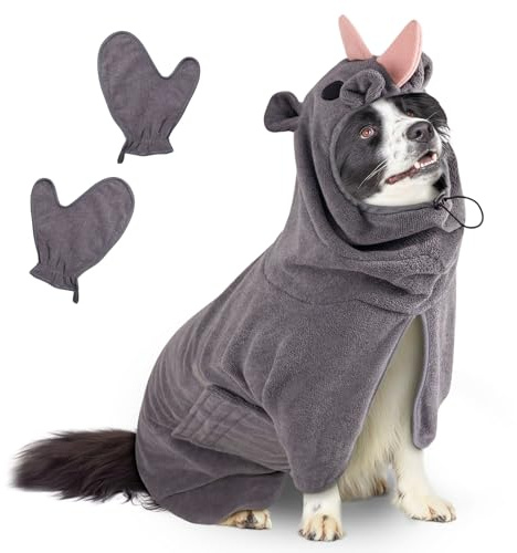 Bibykivn Bademantel für Hunde, Hundebademantel Aus Mikrofaser, Verstellbares Halsband Mit Klettverschluss Schnell Trocknend Badetuch für Große Mittelgroße Kleine Hunde/Katze (Graues Nashorn, M)