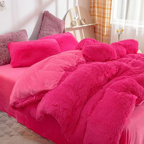 MAMAM Plush Shaggy Duvet Cover Set Full Size,4 Pieces,Fleece Comforter Cover Ultra Soft Warm Fuzzy Quilt Cover With Zipper Closure,Luxury Velvet Fluffy Bedding Sets(Rose,Twin(3pcs))
