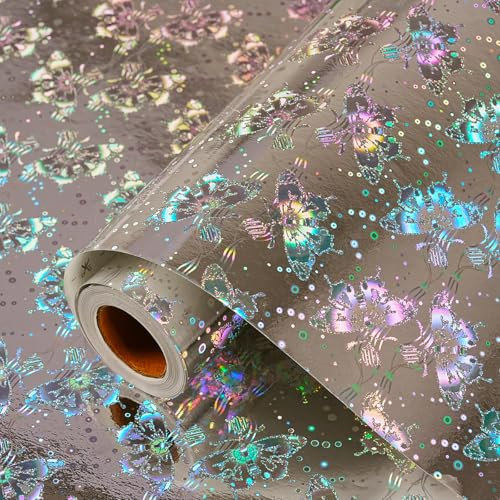 Silber Holografisches Geschenkpapier, Schmetterling Geschenkpapier Rolle für Frauen Männer, Bunte Metallic Folie Geschenkpapierrolle für Geburtstag, Valentinstag, Hochzeit, 43CM X 10M