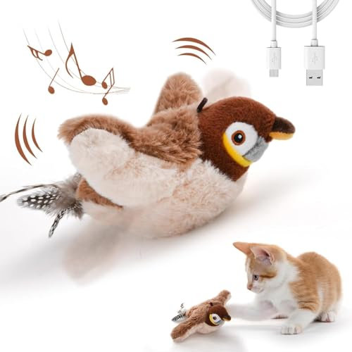 BomKra Interaktives Katzenspielzeug Vogel - Fliegender Katzenspielzeug Vogel Elektrisch Flattern mit Vogelruf, Wiederaufladbar, 3 Vibrationsmodi Katzen Spielzeug