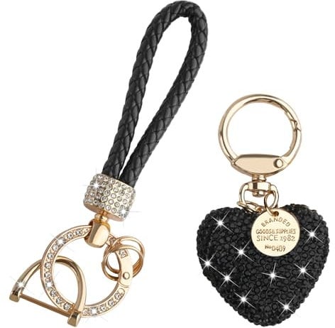 Hopton Schlüsselanhänger Auto Herz, Personalisiert Glitzer Schlüsselanhänger Leder für Damen, Stilvolles Accessoire für Tasche, Geldbörse & Koffer (SCHWARZ)