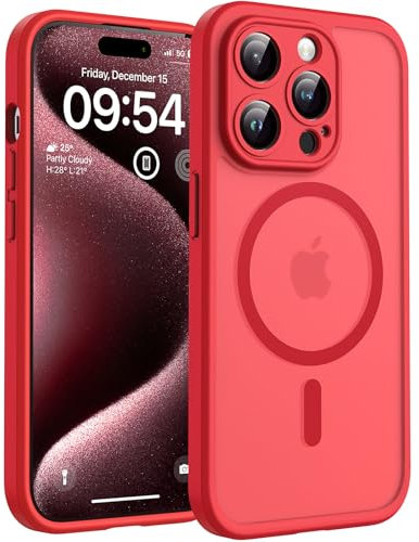 TOCOL Magnetic for iPhone 15 Pro Case 6.1-Inch, Fit for MagSafe, Upgraded [Full Camera Protection], [14FT Military Grade Drop Tested] Shockproof Slim Translucent Matte Back Phone Cover (Red)