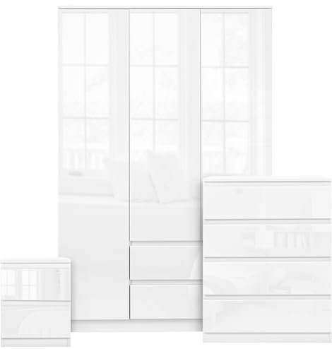 Blisswood High Gloss Wardrobe for Bedroom - 3 Door Wardrobe + 4 Stroage Drawer Chest of Drawers + 2 Storage Drawer Bedside Cabinet for Bedroom Storage Furniture Set - Engineered Wood (3 Piece, White)
